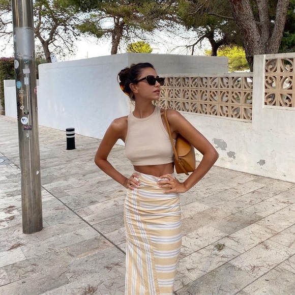 Zara Taupe Brown Stripe Draped Midi Skirt - Picture 7 of 16